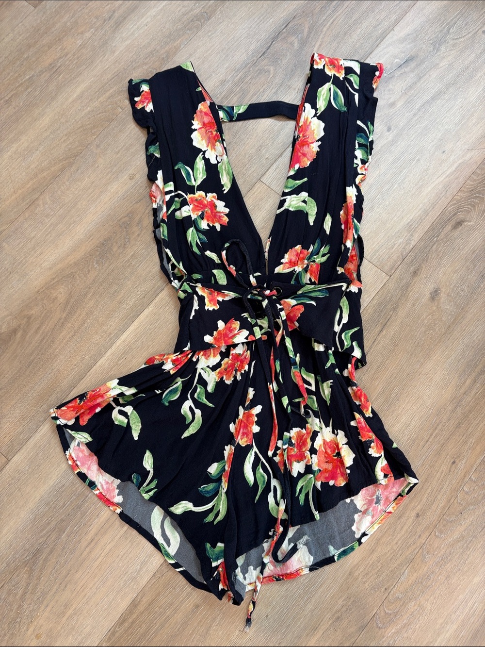 Beach Riot Nixie Navy Floral Deep V Romper with Tie Waist